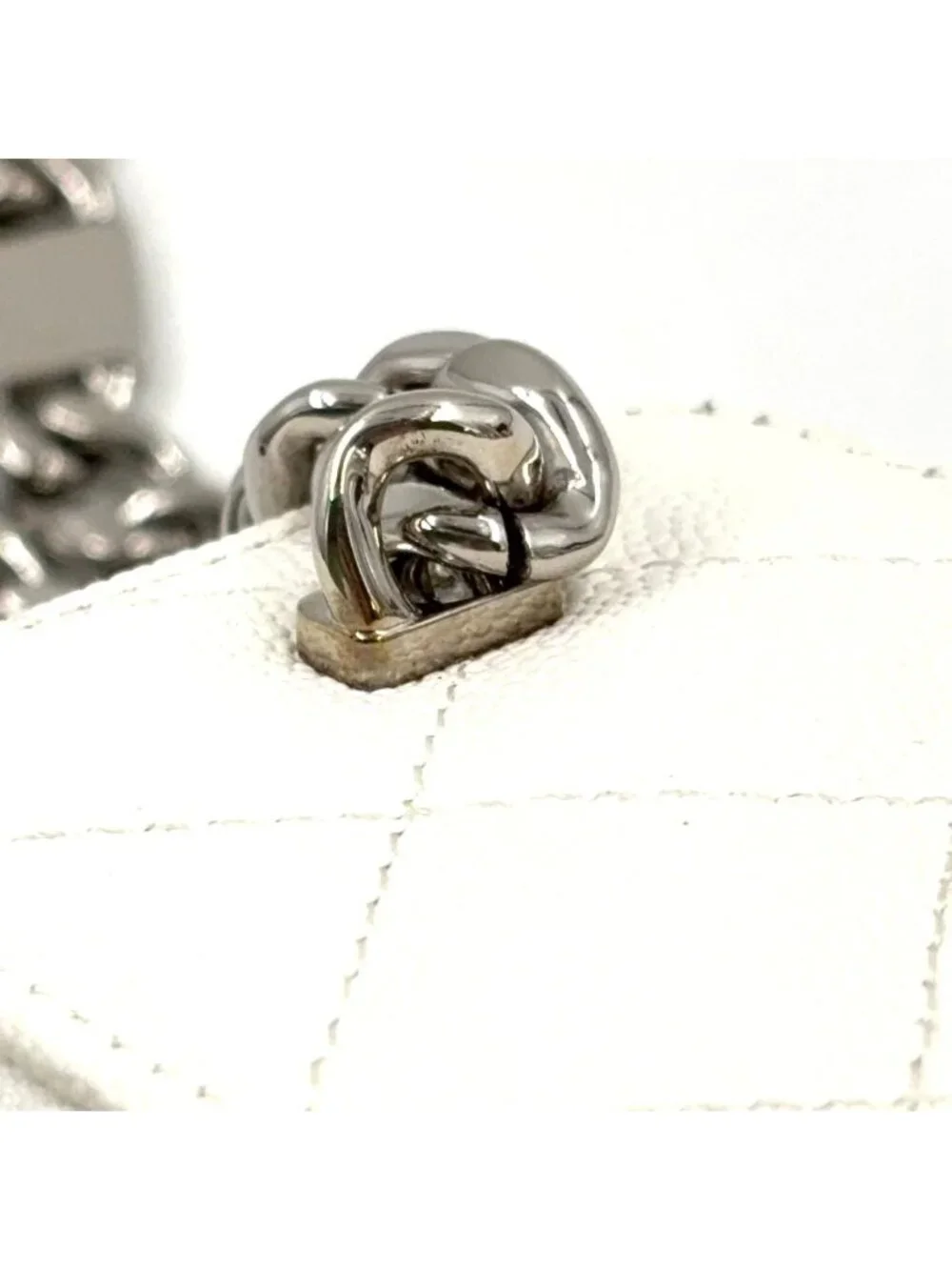Chanel Classic Small Vanity Caviar Leather White Chain Shoulder Bag Silver